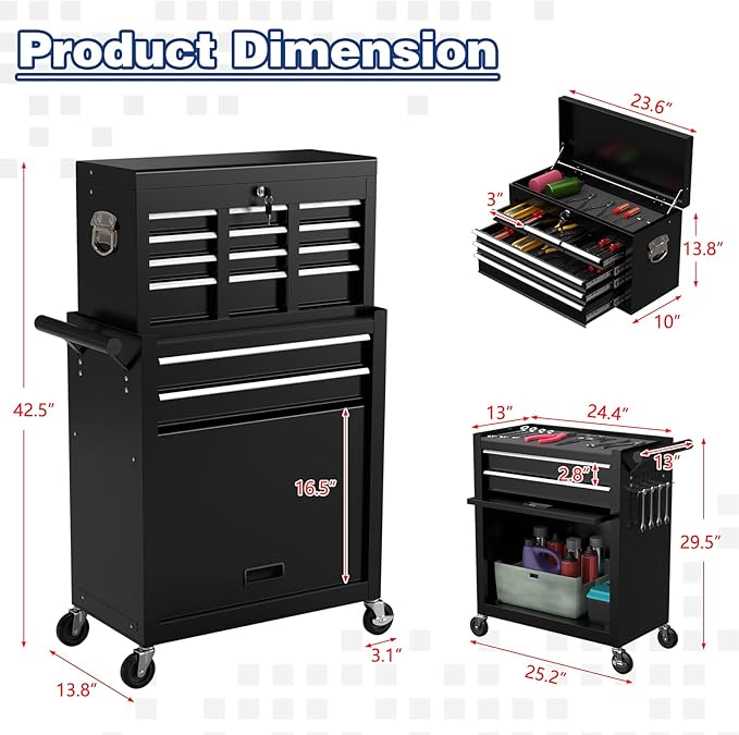 Rolling Tool Box with Wheels, 8-Drawer High Capacity Tool Chest with Wheels, Removable Storage Toolbox with Lock for Garage, Workshop