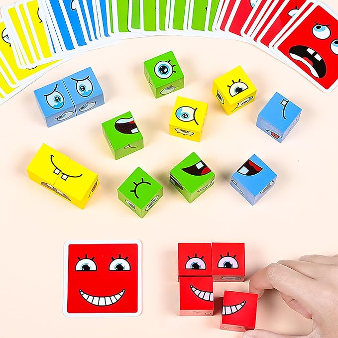 Large Wooden Face Expression Puzzle Building Cubes Manipulatives Face Changing - Image 5