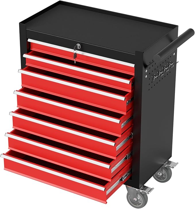 7-Drawer Rolling Tool Chest,Metal Rolling Tool Chest with Wheels and Locking Tool Box,Portable Metal Tool Box for Warehouse,Garage, Repair Shop, Workshop (Blackred, 7-Drawer)