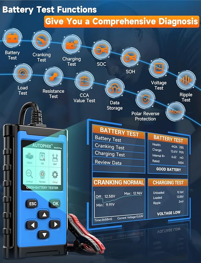 AUTOPHIX 2 IN 1 OBD2 Scanner with Battery Tester, BAS300 Plus 12V 100-2000 CCA Battery Charging Cranking Test Car Code Reader, Full OBD2 Diagnosis Check Engine Diagnostic Scan Tool Battery Load Tester