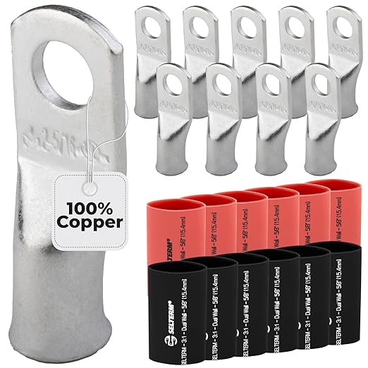 SELTERM 10pcs - 2 Awg - 5/16" Stud - Battery Lugs - Ring Terminal Connectors | with 12pcs 3:1 Black & Red Heat Shrink Tubing with Adhesive | Heavy Duty Battery Cable Ends - Tinned Copper Wire Lugs Kit