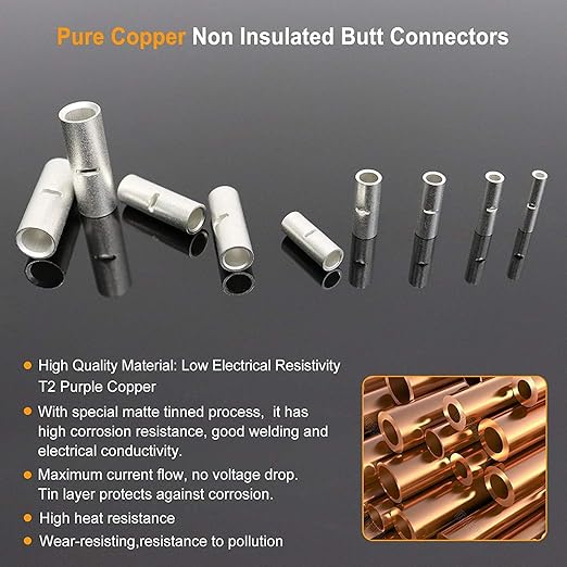 SVAAR 6 PCS 00 Gauge Non Insulated Butt Connectors 2/0 AWG Uninsulated Butt Splice Connectors Crimp Repair Butt Splices Kit Tinned Copper Seamless Barrel Butt Splice Terminals & 6PCS 3:1 Heat Shrinks