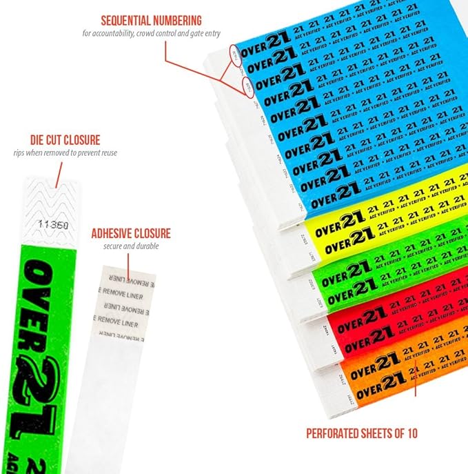 200 WristCo Tyvek Wristbands Over 21 Variety Pack - ¾” x 10”- Waterproof Recyclable Comfortable Tear Resistant Paper Bracelets Wrist Bands for Events Concert Festival Admission Party