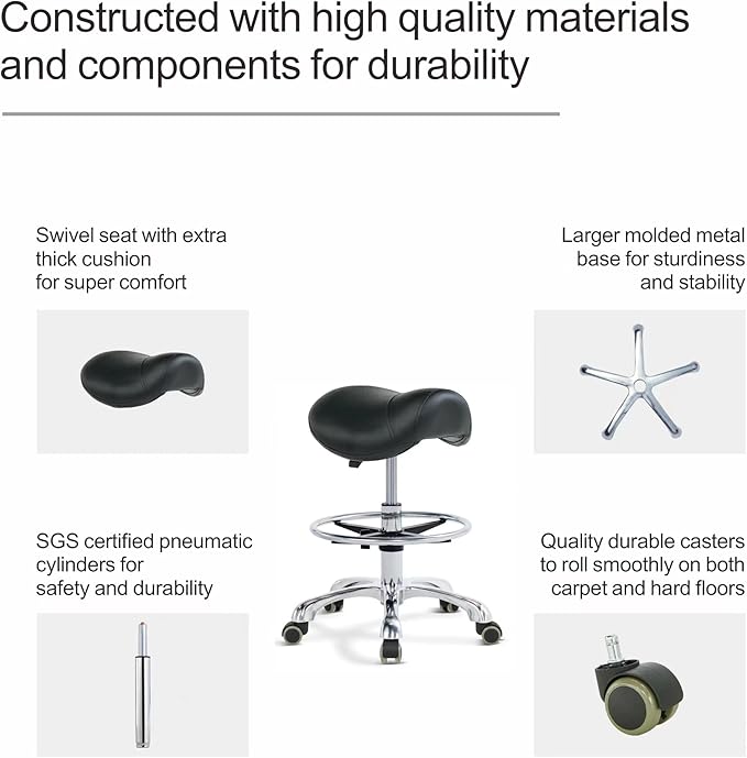 Grace&Grace Ergonomic Rolling Saddle Stool Chair with Wheels Adjustable Swivel Stool with Back and Footrest Heavy Duty for Esthetician, Artist, Dental, Medical, Spa, Salon, Cutting, Home Office