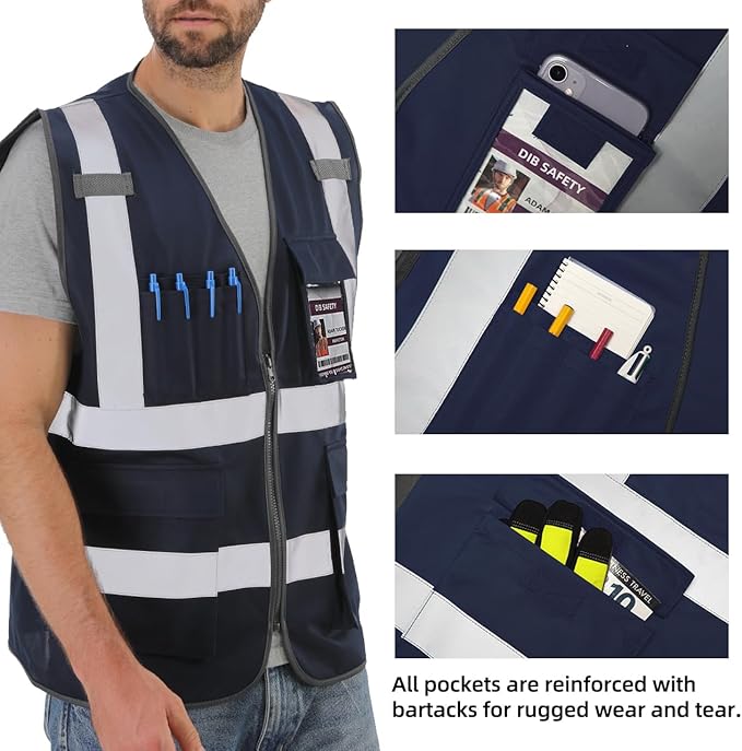 Dib Safety Reflective Vest High Visibility with Pockets and Zipper, Navy XL