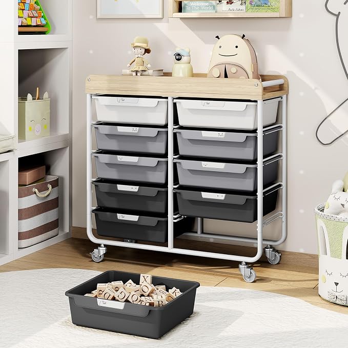 10 Drawers Rolling Cart with Wooden Tabletop, Utility Storage Cart with Wheels - Image 2