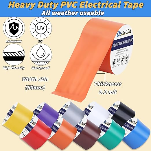 10 Pack Colored Electrical Tape 2 in x 66 ft Waterproof Electrical Insulating Tape High Temperature Resistance Electric Tape Under 600V Home Outdoor Multipurpose Multicolor Vinyl Tape