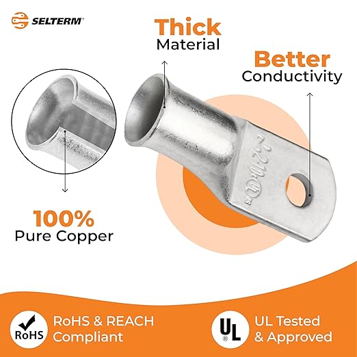 SELTERM 2pcs 2 AWG #10 Stud Tinned Copper Wire Lugs, Battery Lugs, Ring Terminals, Battery Cable Ends, 2 Gauge Ring Terminal Connectors, UL Marine Grade Electrical Battery Terminal Connectors