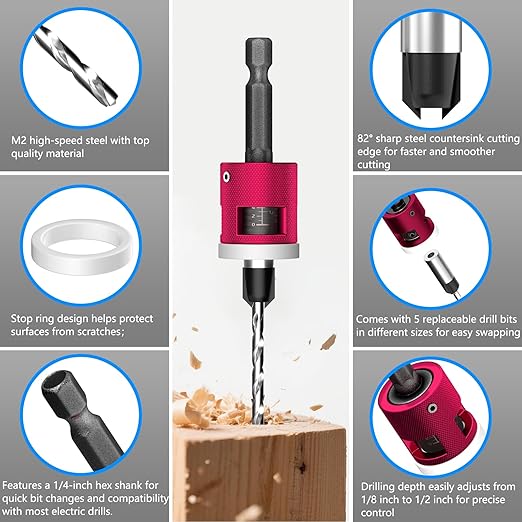 5-Piece Countersink Drill Bit Set with Adjustable Depth Stop, 1/4" Hex Shank Quick Change Drilling Tool Kit, 82° Woodworking Chamfer Bits for Wood, Plywood, MDF, Plastic
