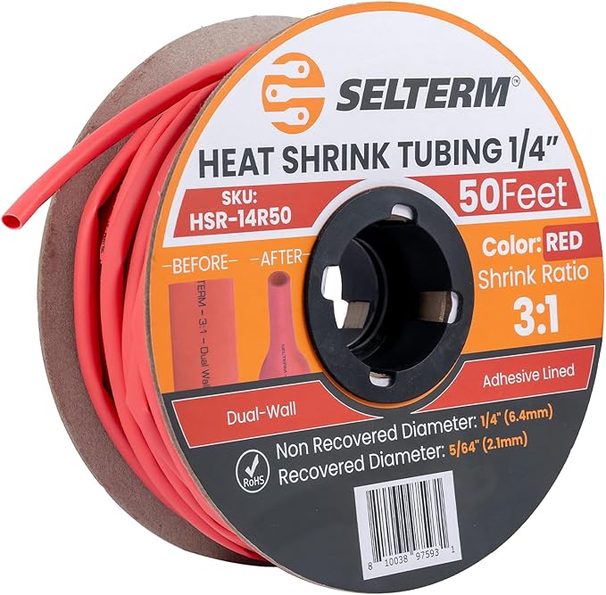 SELTERM 1/4" Red [50 Feet] Marine Grade Heat Shrink Tubing Roll, 3:1 Ratio Dual Wall Adhesive Lined Waterproof Heat Shrink Wrap Tube, for Battery Cable Lugs Wire Terminals Connectors