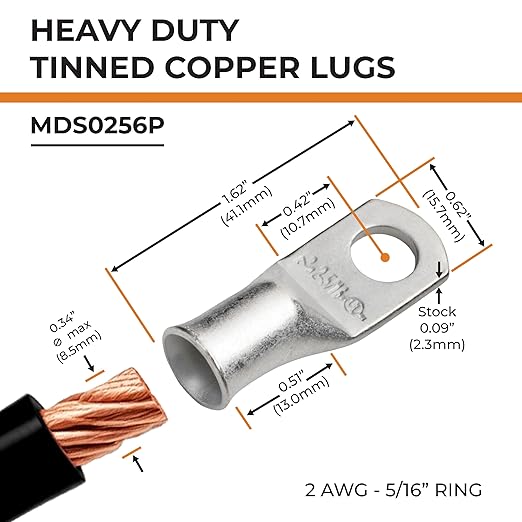 SELTERM 25pcs 2 AWG 5/16" Stud Marine Grade Tinned Copper Battery Cable Lugs, 2 Gauge Ring Terminals, UL Wire Lugs Electrical Battery Cable Ends, Tinned Copper Lugs Battery Terminal Connectors
