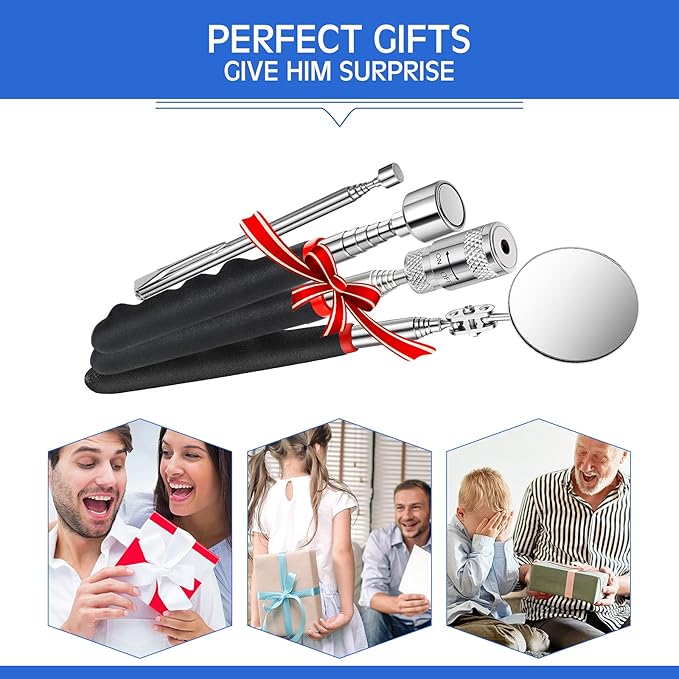 Patelai 4 Pcs Telescoping mechanic Magnet Tool Inspection Mirror Set with 2 lb 20 lb Magnetic Pickup Tool 8lb LED Light Telescoping Magnet Stick Gadget 360 Swivel for Father Day Men Gift Birthday