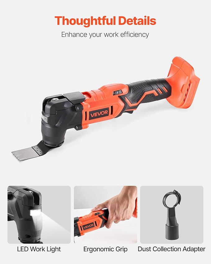 VEVOR Cordless Oscillating Tool, 20V Multitool Oscillating Tool with 6 Variable Speeds 8500-17000 OPM, 3.2° Oscillating Angle, 8PCS Saw Accessories & LED Work Light (Battery Pack Not Included)