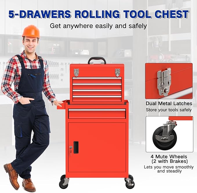 5 Drawer Tools Chest, Tool Cabinet with Universal Lockable Wheels，Tool Box with Detachable Top Box for Workshop(Red)