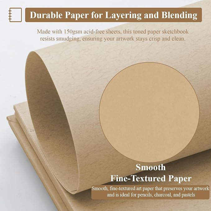 SuFly Toned Paper Sketch Book, 11x14 Inches, 60 Sheets - 90lb/150gsm Toned Tan - Image 3