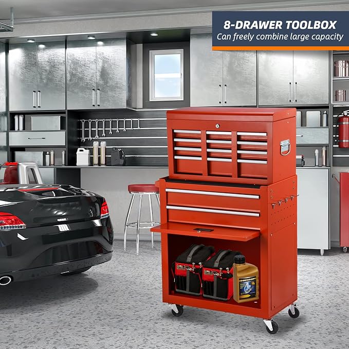 8-Drawer High Capacity Rolling Tool Chest, Big Storage Removable Tool Box Combo, Lockable Drawer Tool Cabinet for Workshop and Garage (Red)