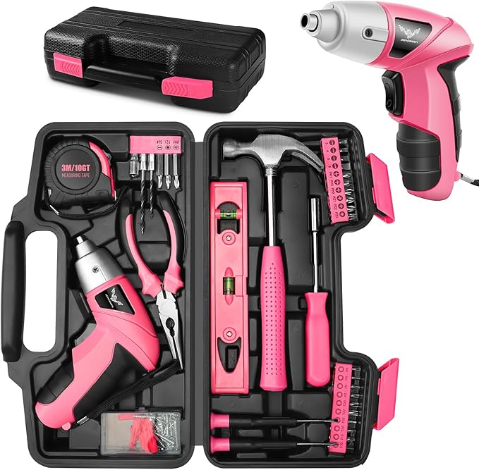 Pink Household Tool Set with 3.6V USB Electric Screwdriver, 112 PCS Home Tool Kit with Cordless Lithium-ion Drill Driver, Hand Tool Kits for Women