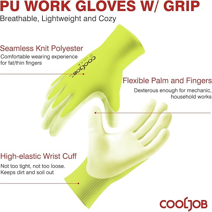 COOLJOB 12/60 Pairs Safety Work Gloves Pack Bulk with Grip PU Coating, 13 Gauge Seamless Knit Gloves with Polyurethane Dipped for Warehouse Working, Breathable Lightweight for Men Women, Yellow Medium