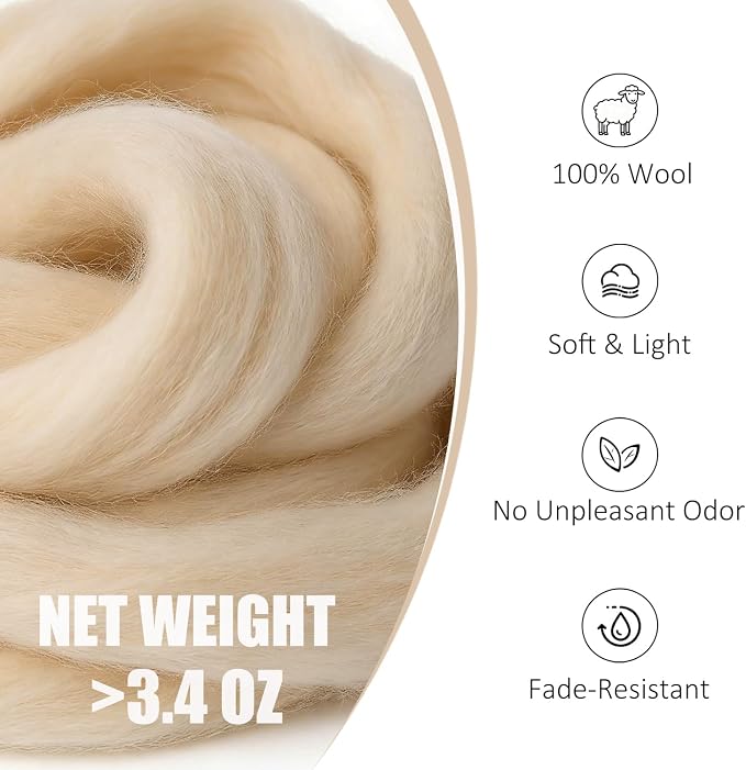 Felting Wool for DIY Craft, Needle Felting Wool Creamed Corn, 3.4oz Wool Roving - Image 2