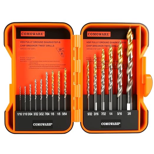 COMOWARE 15Pcs Stepped Point Drill Bit Set, 1/16" – 3/8" Drill Bit Index,HSS M2 Jobber Drills Bits, No Pre-Drilling, Titanium-Coated, 3-Flat Shank, Drills Bits Set for Metal/Plastic/Acrylic/Wood
