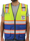 Dib Safety Reflective Mesh Vest High Visibility Two Tone with Pockets and Zipper, Yellow and Blue Mesh with Orange Trim S