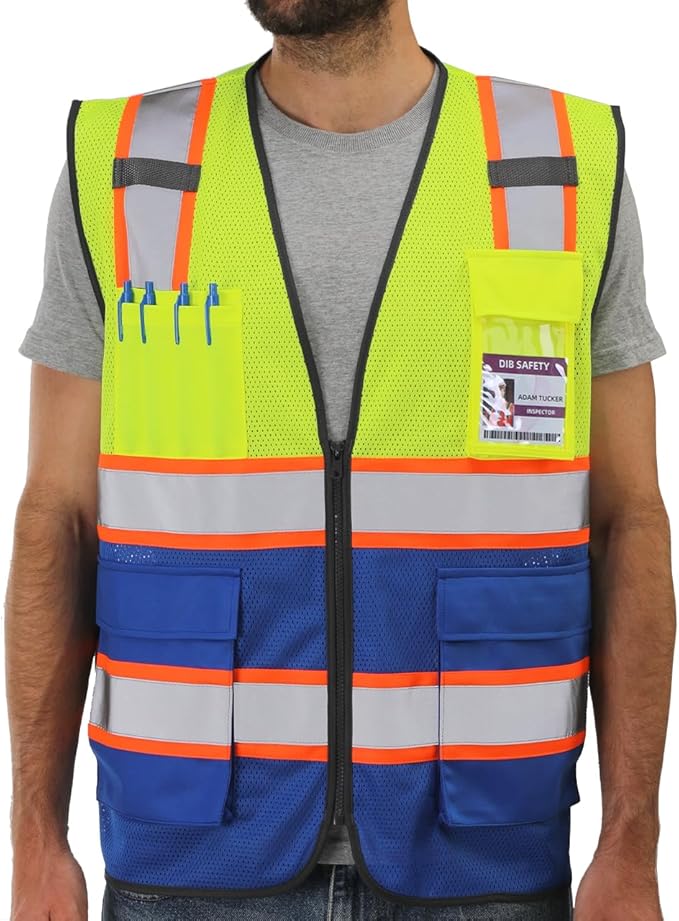 Dib Safety Reflective Mesh Vest High Visibility Two Tone with Pockets and Zipper, Yellow and Blue Mesh with Orange Trim 2XL