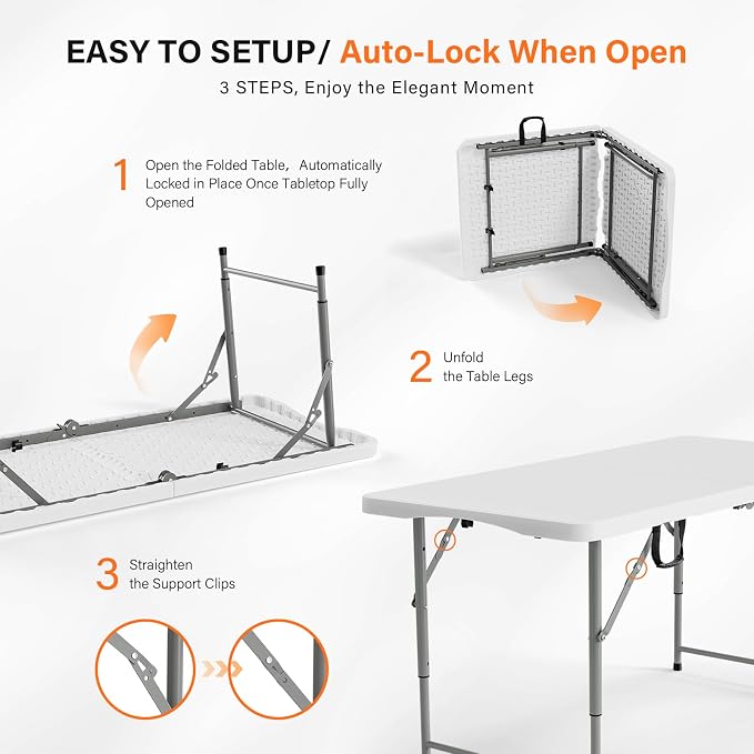 VINGLI 4 FT Plastic Folding Camping Table, 3-Level Adjustable Height, Portable - Image 5