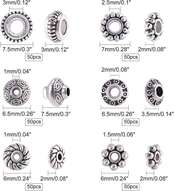 PH PandaHall 300pcs 6 Style Antique Silver Spacer Beads, Tibetan Metal Alloy - Image 3