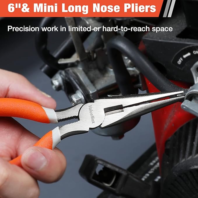 ValueMax 6-Piece Pliers Set, Includes 6 Inch& 4-3/4 Inch Long Nose Pliers, 6 Inch& 4-1/4 Inch Diagonal Pliers, 6 Inch Slip Joint Pliers, 8 Inch Groove Joint Pliers, Dipped Handle for DIY& Home Use