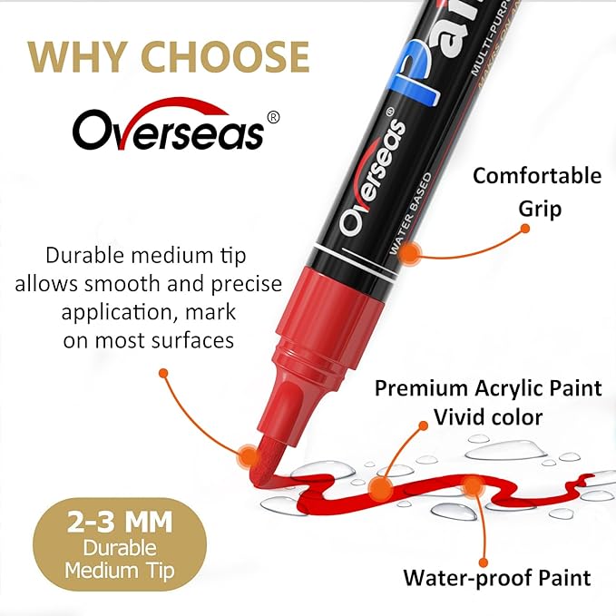 Overseas 3 Pack Red Acrylic Paint Pens Paint Markers Medium Tip | Waterproof - Image 2
