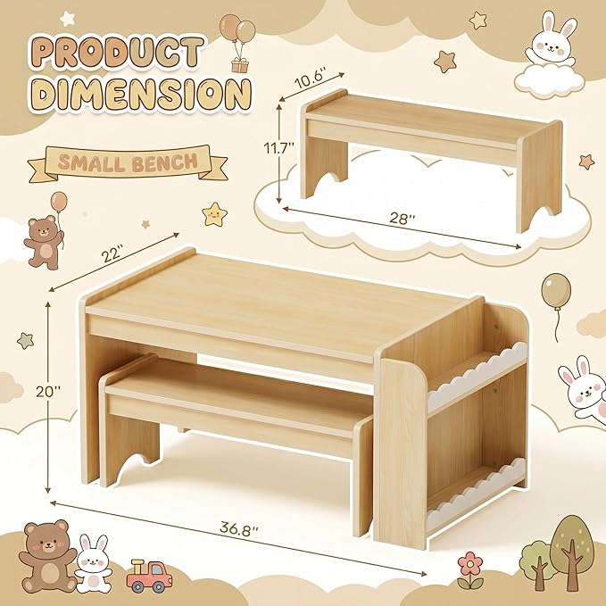 Kids Table and Bench Set, Montessori Kids Table and Chair Set, Indoor Wooden - Image 8