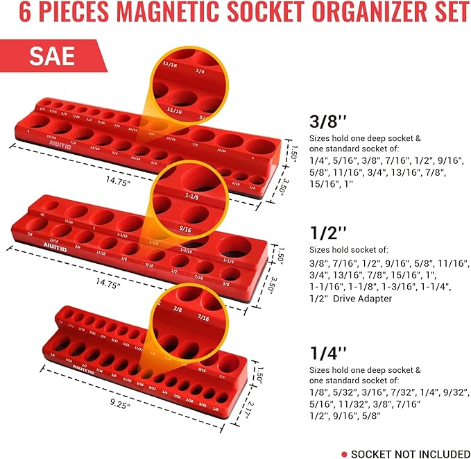 6-Piece Magnetic Socket Organizer Set, Magnetic Socket Holder Includes 1/4", 3/8", 1/2" Drive Metric SAE Socket Trays, Holds 143 Pieces Standard and Deep Sockets(Socket not Included)