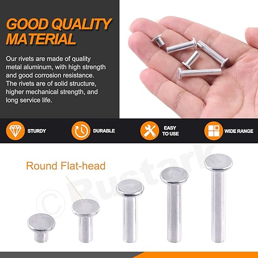 201Pcs 5 Sizes M5 Aluminum Flat Head Semi Tubular Rivets Assortment Kit with Punch, Partial Hole Tubular Rivets Round Flat Head Semi Tubular Rivet Silver Tone for Household Industry Repairing