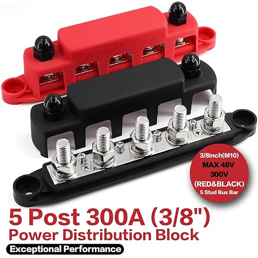 300A Bus Bar 5 Post 12V-48V DC Power Distribution Block,5 * 3/8"(M10) Battery Terminal Studs with Cover and Wire Lugs for Wiring,Automotive,Marine,Battery busbar (Red&Black)