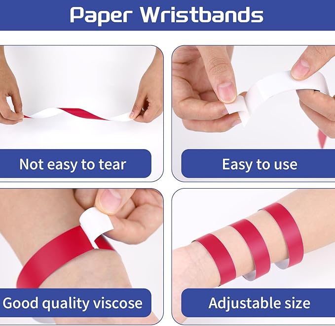2000 Pcs Paper Wristbands for Events Waterproof Neon Red Wrist Bands Adhesive Concert Identification Wristbands Hand Bands for Events(Red)