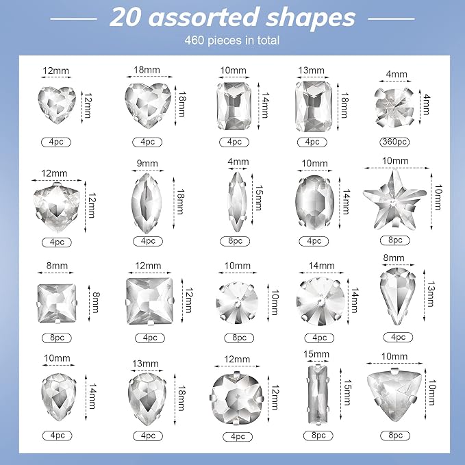 460 Pieces Sew on Rhinestones Glass Sewing Claw Gemstones and Crystals Metal - Image 3
