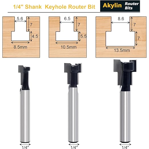 5pcs Keyhole Bit Set, 1/4-Inch Shank, 8.5-10.5-13.5-17.5-19.5mm Cut Diameter Keyhole Router Cutter Bit,for M5, M6, M8, M10, and M12 T-Track Slotting Milling Cutters