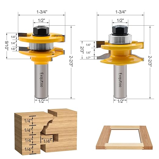 3PCS 1/2" Shank Router Bit Set, Raised Panel Cabinet Door Making Router Bits, Cemented Carbide Router Bits, Woodworking Tools Router Door & Window Bits (Tenon Joint Cutter Diameter: 1-3/4")