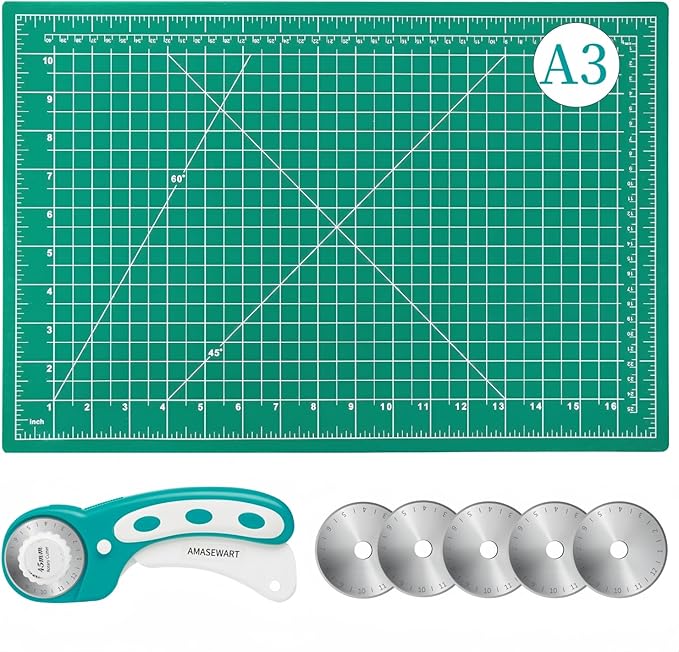 45mm Rotary Cutter and Mat Set, Fabric Cutter Wheel and 12x18 Inch Self Healing by AMASEWART