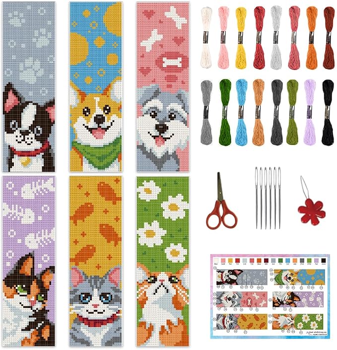 INFUNLY 6PCS Dogs Cats Cross Stitch Bookmark Kit by INFUNLY