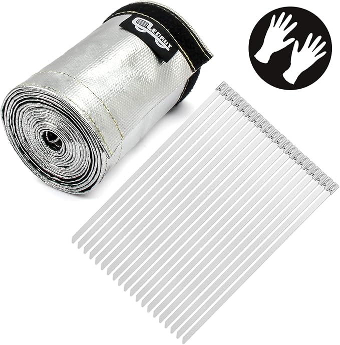 Heat Shroud Aluminized Sleeving Heat Shield fuel line wire heat sleeve 1-1/2''I.D. x 10FT with 20 Pcs 7.8Inch Stainless Steel Cable Metal Zip Ties