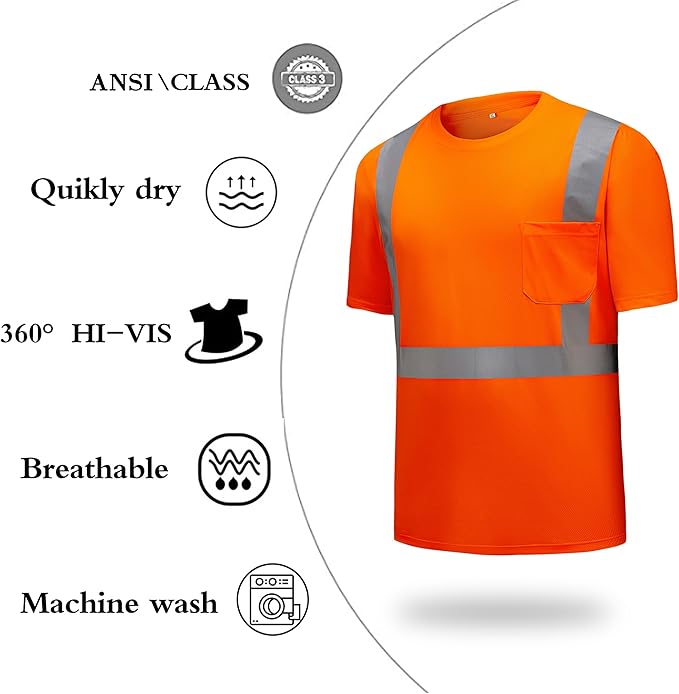 High Visibility Shirts Quick Dry Safety T Shirts with Reflective Strips and Pocket Short Sleeve Mesh Hi Vis Construction Work Class 2 Shirt for Men/Women Orange,2XL