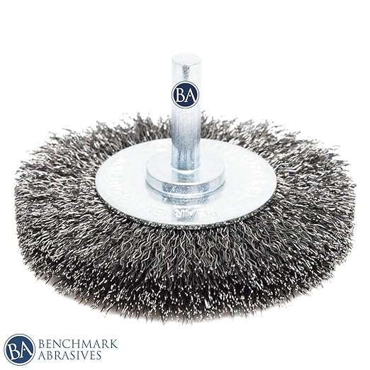 Benchmark Abrasives 3" Mounted Crimped Wire Wheel for Cleaning deburring on Cast Iron, Steel, Titanium, Nickel, 1/4" Shank for Rotary Tools (5 Pack) - Carbon Steel