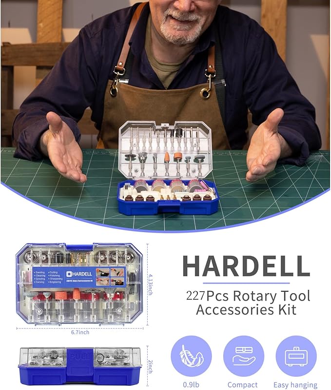 HARDELL Rotary Tool Accessories, 227pcs Power Rotary Tool Accessories Kit, 1/8"(3.2mm) Diameter Shanks, Universal Fitment for Easy Cutting, Polishing, Sanding, Carving, Grinding, Engraving