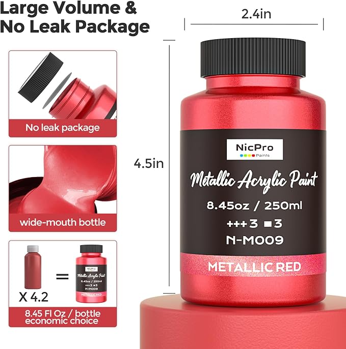 Nicpro Metallic Red Acrylic Paint, 8.45oz/250ml Large Metallic Paint | Non Toxic - Image 6