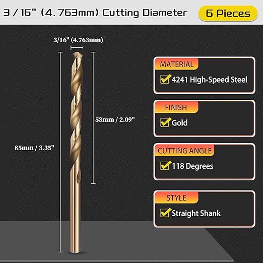 Drill Bit, 3/16" Cutting Diameter (4.763mm), 4241 HSS Gold 118° Cutting Angle Versatile Jobber Bits - (Applications: for Drilling Plastic Wood Soft Thin Metal), 6-Pieces
