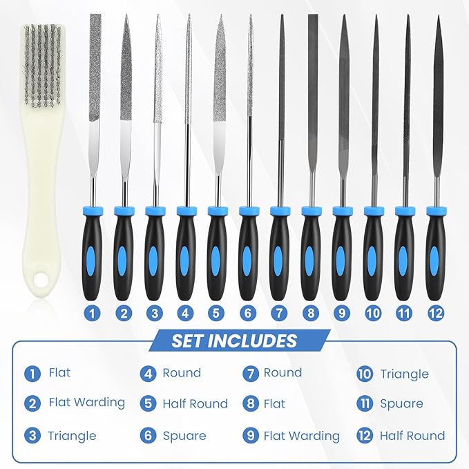 13Pcs Premium Small File Set, 6 Diamond Files, 6 Steel Files, Cleaning Brush & Carrying Case for Wood, Plastic, Jewelry, Leather, DIY