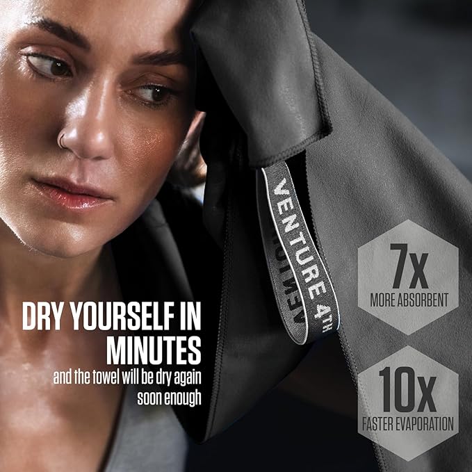 VENTURE 4TH Quick Dry Towel. Microfiber Travel Towel Ideal for Camping, Hiking, Backpacking, Gym. Lightweight & Fast Drying Travel Towels for Body. Compact & Easy to Pack - Black Medium