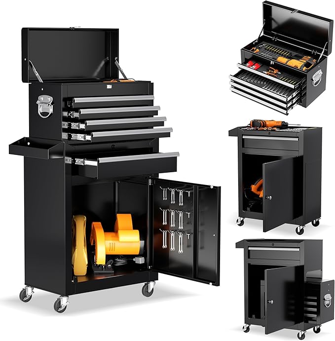 Crownland 5-Drawer Rolling Tool Chest with Wheels, Lockable 2 in 1 Detachable Tool Cabinet wit Drawers and Black Liners, Garage Top Toolbox & Bottom Storage Cart with Side Hooks(Black)
