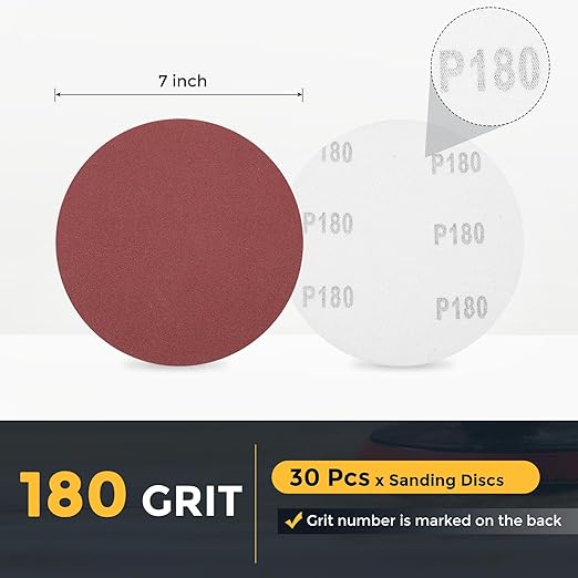 HARFINGTON 30 Pcs 7 Inch Sanding Disc 180 Grit Hook and Loop Sandpaper Random Orbital Sander Pads for Woodworking Automotive Metal Polishing